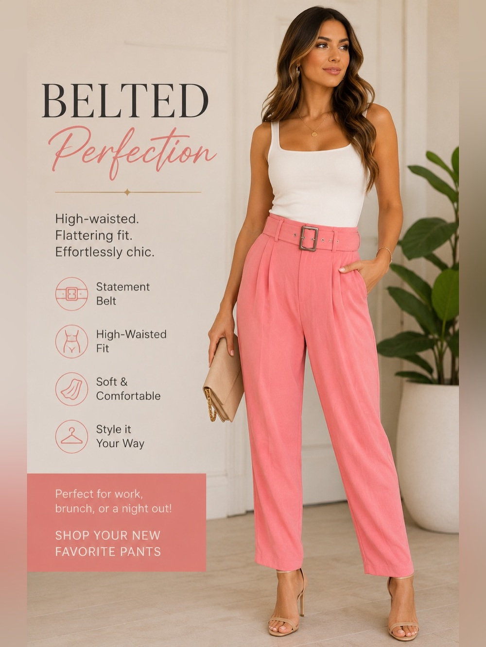 VENUS High-Waist Belted Pink Tapered Pants NWOT M